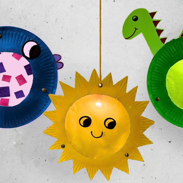 Laternen basteln aus Papptellern - 3 Varianten: Regenbogenfisch, Sonne und Dino