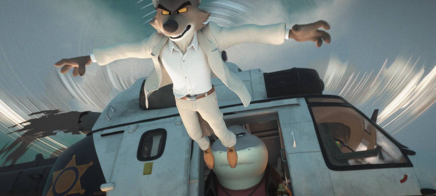 Mr. Wolf springt aus einem Helikopter.