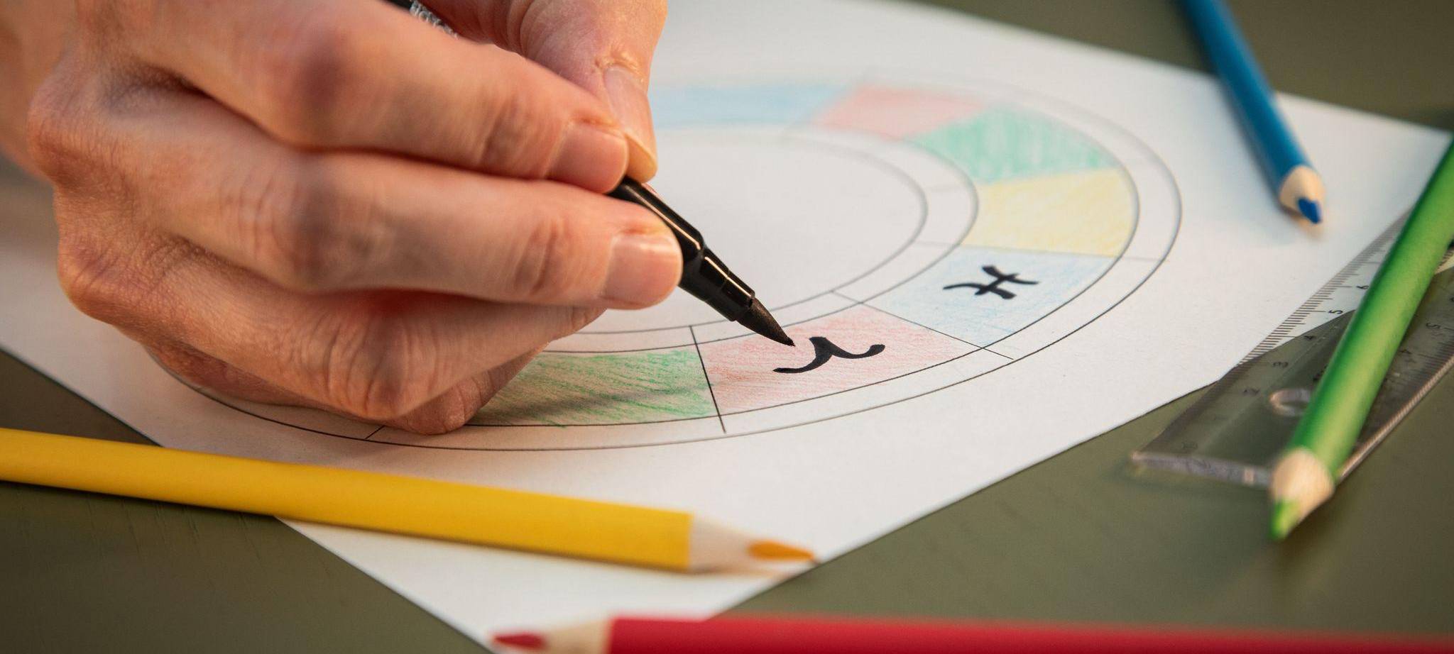 Eine Frau fertigt ein Astrologiechart an