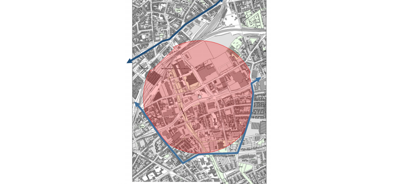 Sperrungen (rot) und empfohlene Umleitungen (blau) während der Entschärfung.