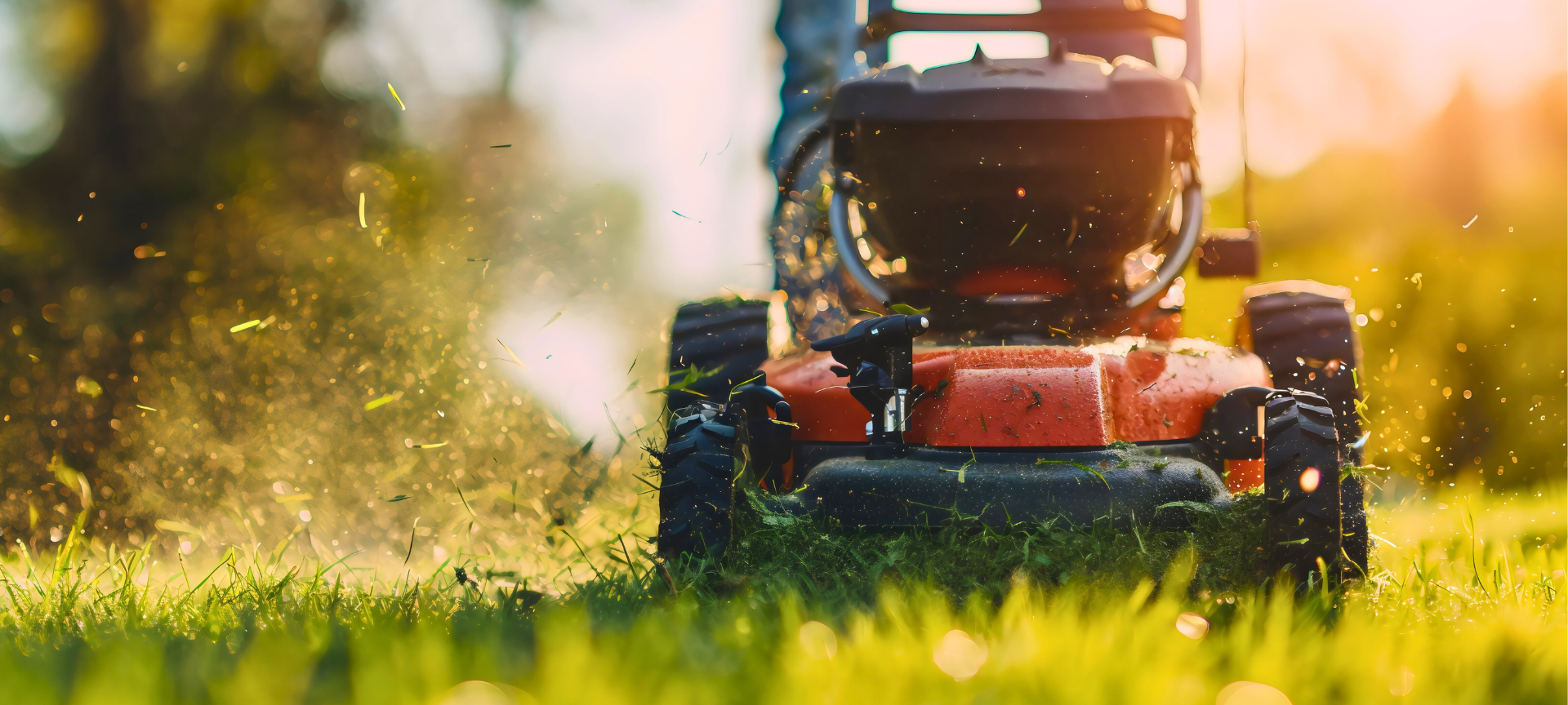 Gartenarbeit im Frühling: Rasenmäher mäht eine Wiese